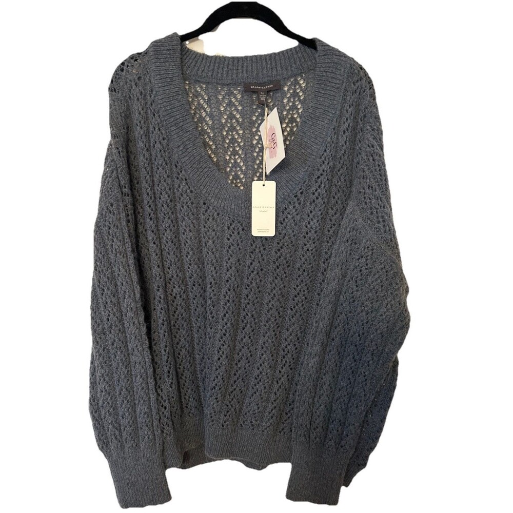 Grade  & Gather Loose Knit Denim Blue oversized Long Sleeve Sweater Size M/L NWT - Picture 2 of 5